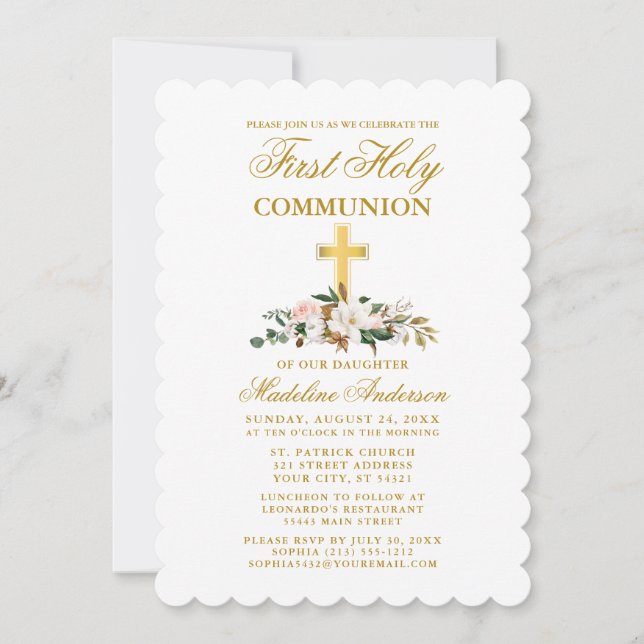Watercolor Magnolia Floral Communion Gold Cross Invitation (Front)