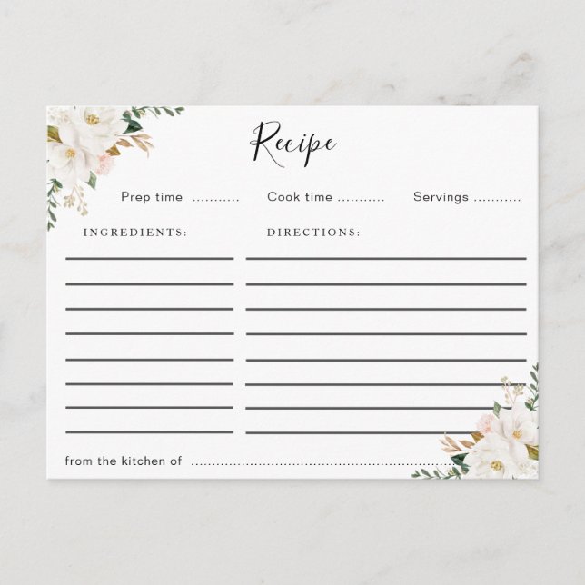 watercolor magnolia floral recipe card (Front)