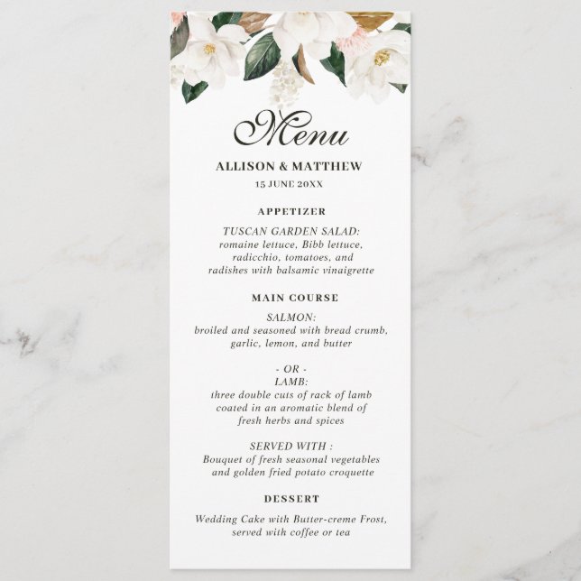Watercolor magnolia floral wedding menu (Front)