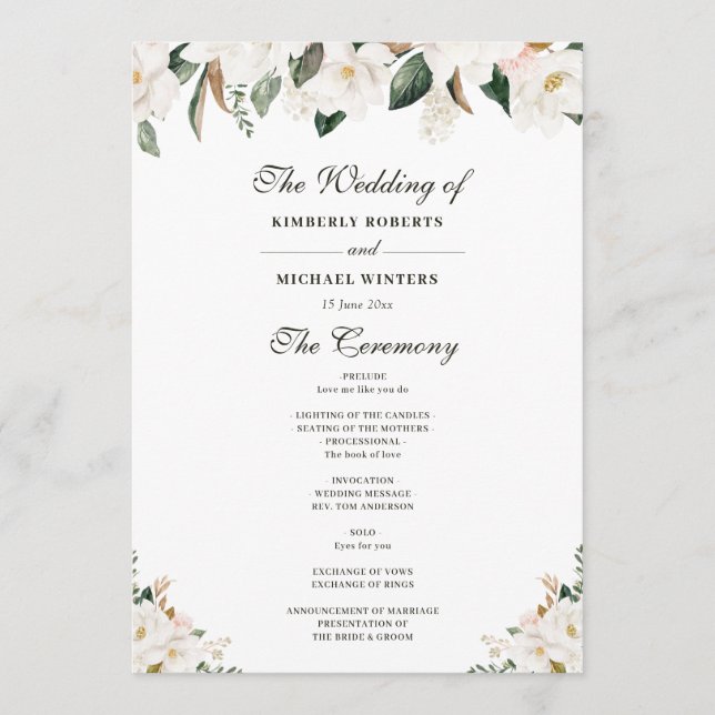 Watercolor magnolia floral wedding program programme (Front)