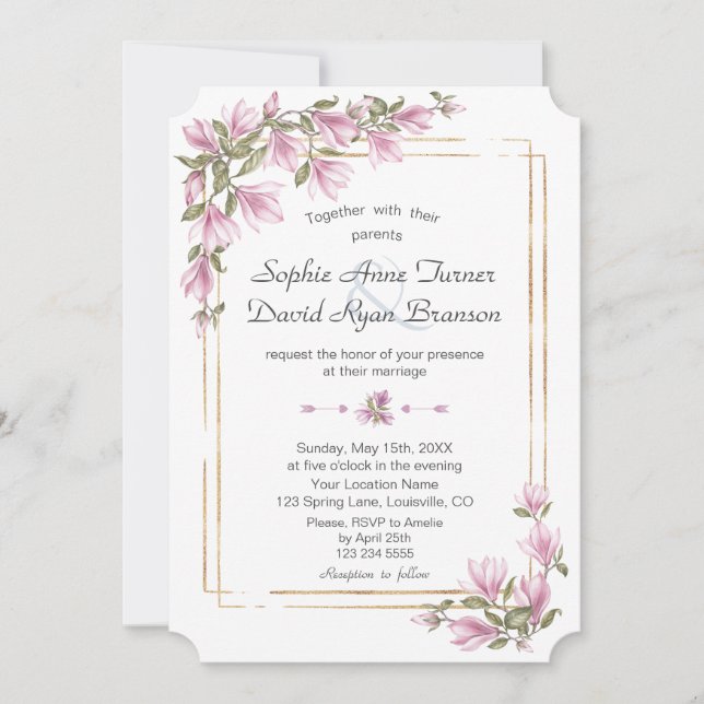 Watercolor Magnolia Flowers Bloom Gold Wedding Invitation (Front)