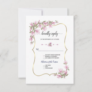 Watercolor Magnolia Flowers Bloom Gold Wedding RSVP Card