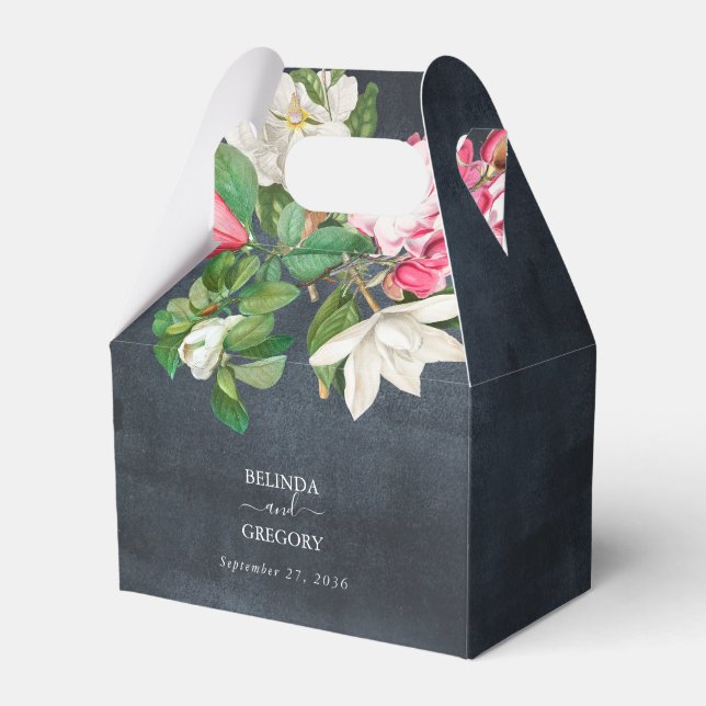 Watercolor Magnolia Flowers Wedding Black White Favour Box (Front Side)