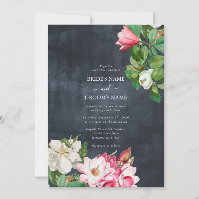Watercolor Magnolia Flowers Wedding Black White Invitation (Front)