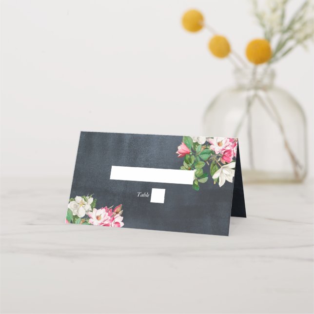 Watercolor Magnolia Flowers Wedding Black White Place Card (Front)