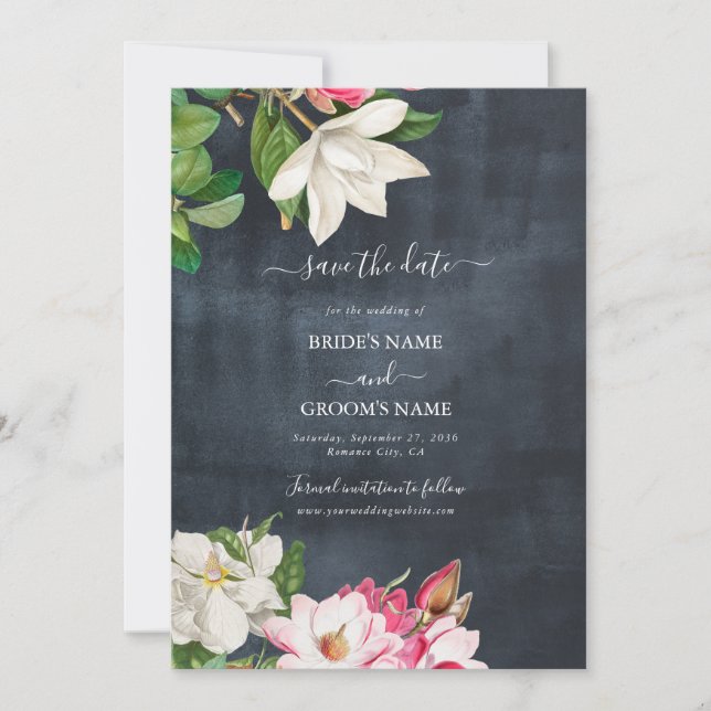 Watercolor Magnolia Flowers Wedding Black White Save The Date (Front)