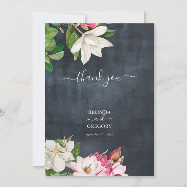 Watercolor Magnolia Flowers Wedding Black White Thank You Card (Front)