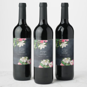 Watercolor Magnolia Flowers Wedding Black White Wine Label
