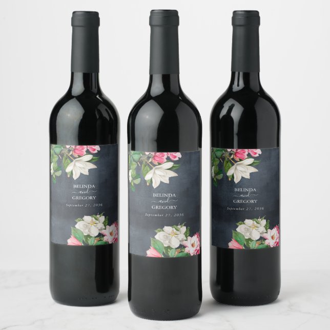 Watercolor Magnolia Flowers Wedding Black White Wine Label (Bottles)