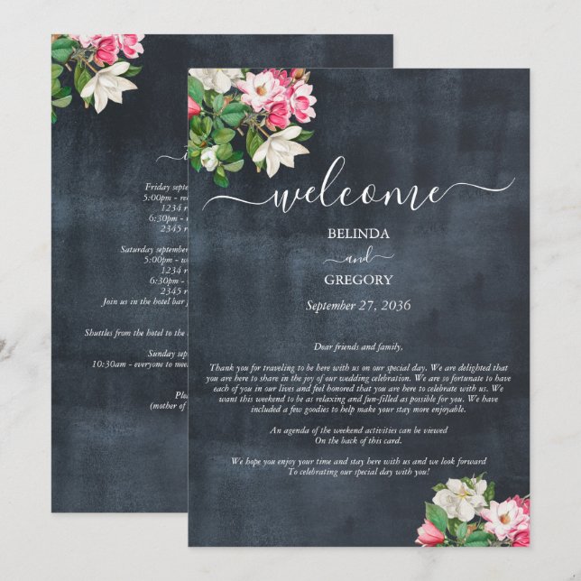 Watercolor Magnolia Flowers Wedding Itinerary Programme (Front/Back)