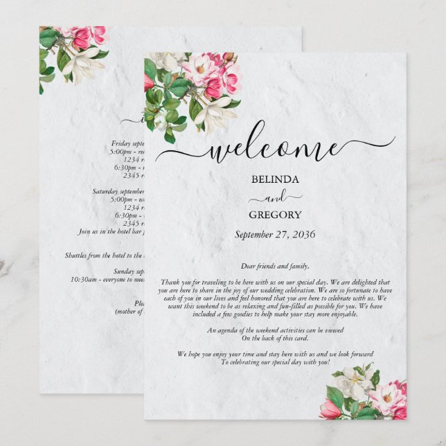 Watercolor Magnolia Flowers Wedding Itinerary  Programme (Front/Back)