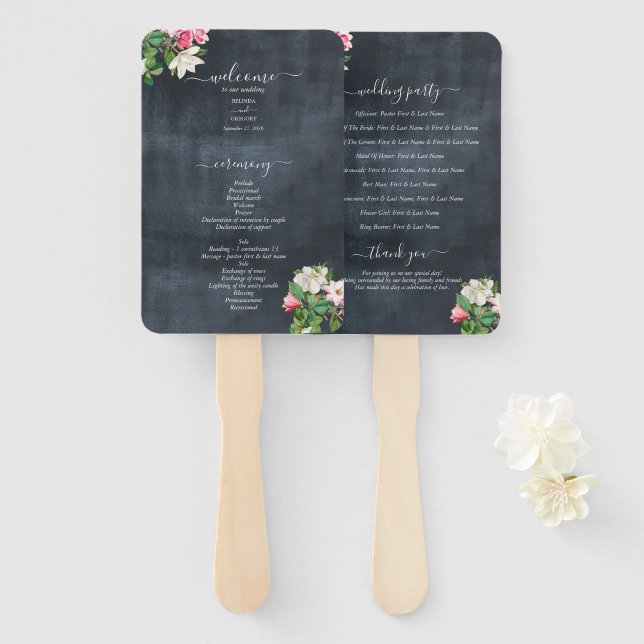 Watercolor Magnolia Flowers Wedding Program Hand Fan (Front and Back)