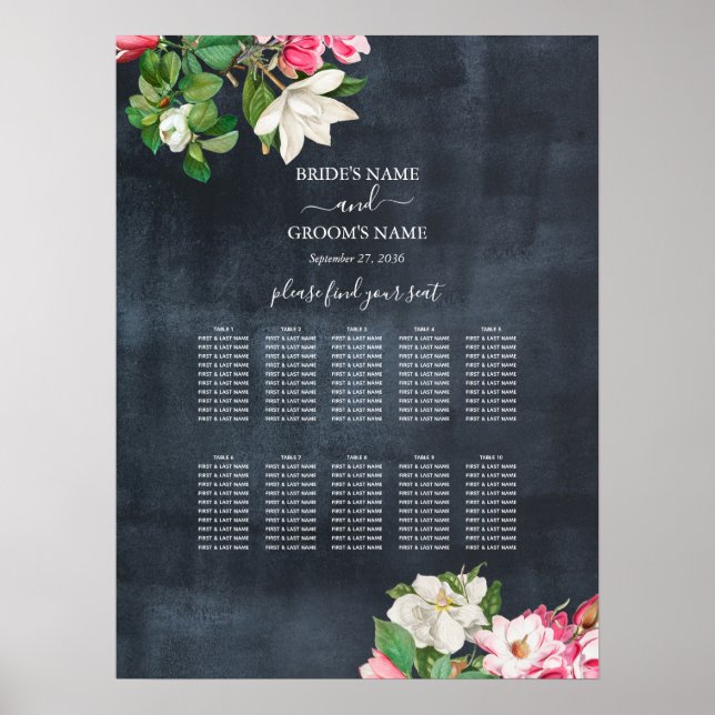 Watercolor Magnolia Flowers Wedding Seating Chart (Front)