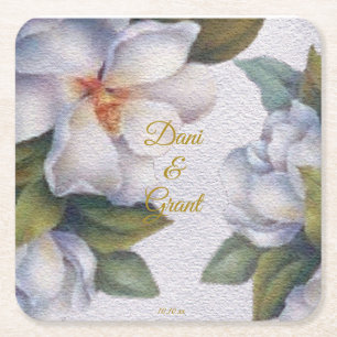Watercolor Magnolia Gold Script Custom Wedding Square Paper Coaster