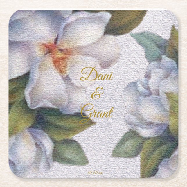 Watercolor Magnolia Gold Script Custom Wedding Square Paper Coaster (Front)