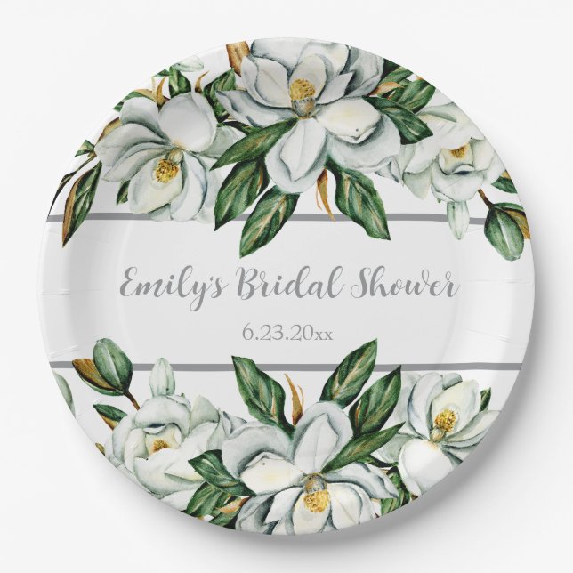Watercolor Magnolia Greenery Wedding Paper Plate (Front)