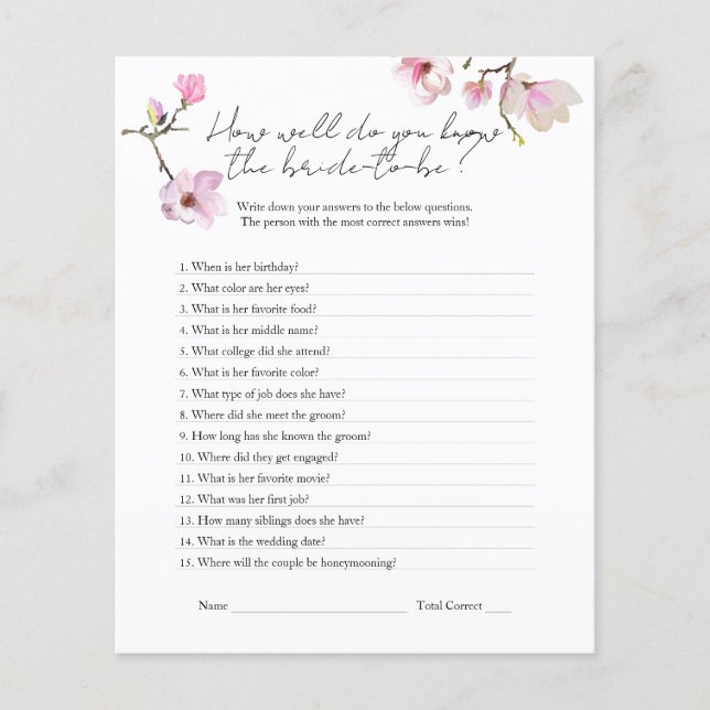 Watercolor Magnolia Know the Bride Shower Game Flyer (Front)