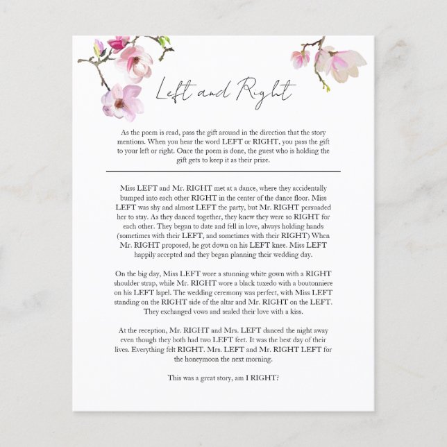 Watercolor Magnolia Left and Right Bridal Game Flyer (Front)