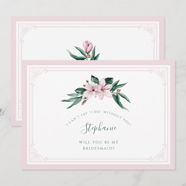 Watercolor Magnolia Pink Floral Bridesmaid Invitation (Front/Back)