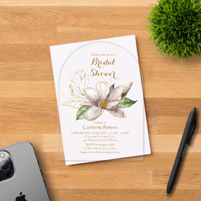 Watercolor Magnolia Purple Floral Bridal Shower Acrylic Invitations (Insitu (Invitation Card))