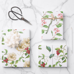 Watercolor Magnolia, Red Berries and Foliage  Wrapping Paper Sheet