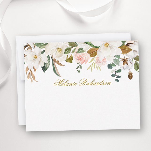 Watercolor Magnolia Rose Floral Personalised Gold Card (Customize to change text size, color, style or to add more text to front or back of card.)