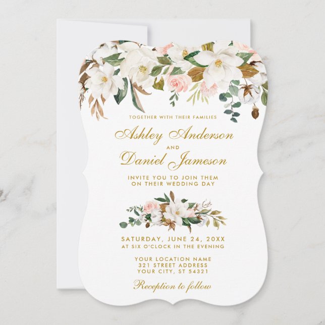 Watercolor Magnolia Rose Floral Wedding Gold Invitation (Front)