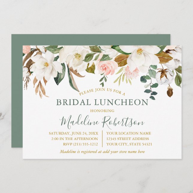 Watercolor Magnolia Roses Bridal Lunch Sage Green Invitation (Front/Back)
