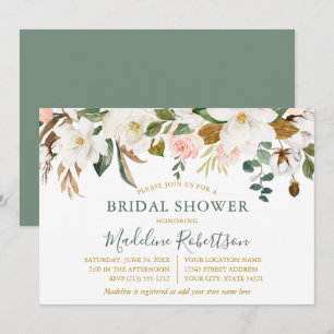 Watercolor Magnolia Roses Shower Sage Green Gold Invitation