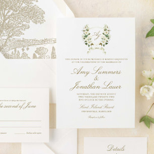Watercolor Magnolia Wedding Crest Invitation