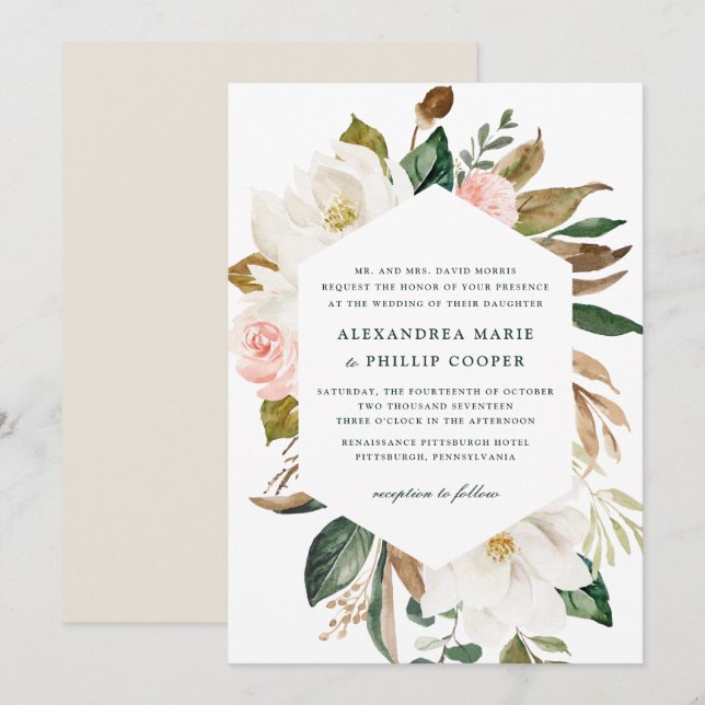 Watercolor Magnolia Wedding Invitation (Front/Back)