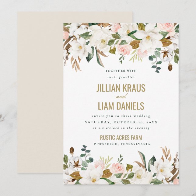 Watercolor Magnolia Wedding Invitation Monogram (Front/Back)