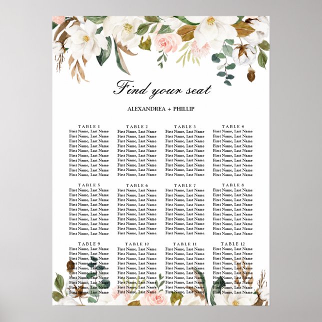 Watercolor Magnolia Wedding Seating Chart (Front)