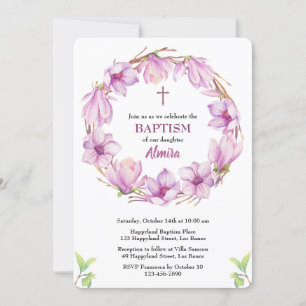 Watercolor Magnolia Wreath Baptism Invitation
