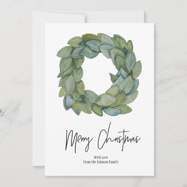 Watercolor Magnolia Wreath Christmas Card Shiplap (Front)