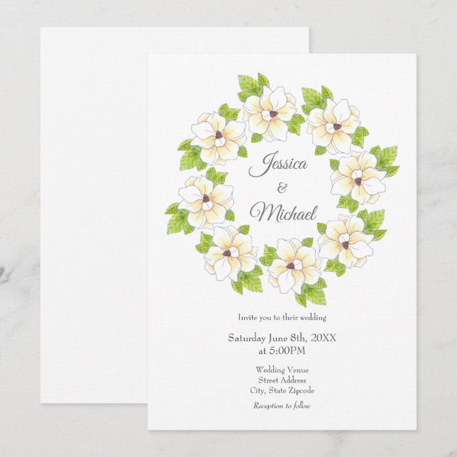 Watercolor Magnolia Wreath   Invitation (Front/Back)