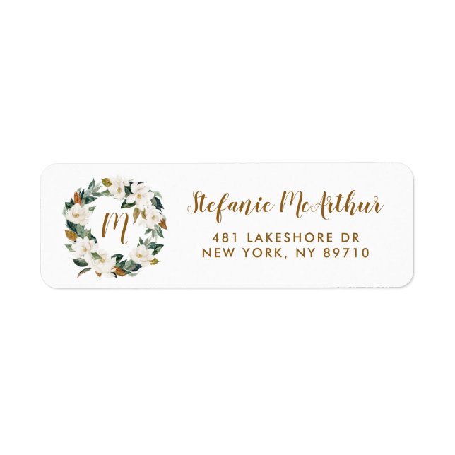 Watercolor Magnolia Wreath Monogram Address (Front)