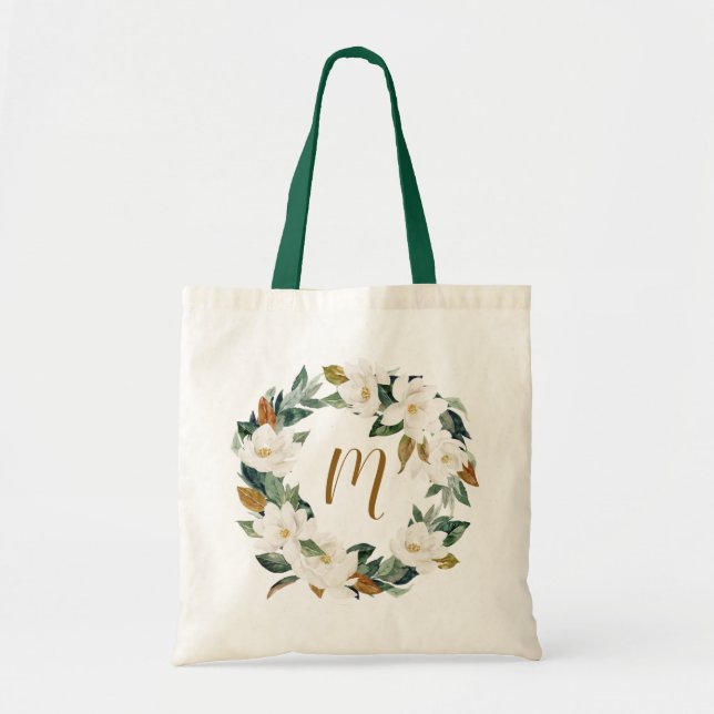 Watercolor Magnolia Wreath Monogram Bridesmaid Tote Bag (Front)