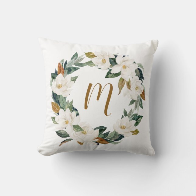 Watercolor Magnolia Wreath Monogram Cushion (Front)