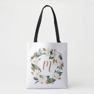 Watercolor Magnolia Wreath Monogram Tote Bag
