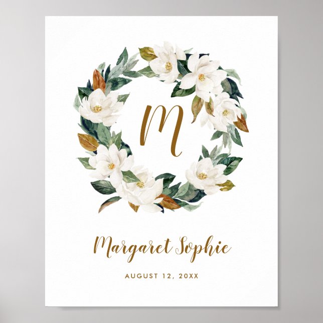 Watercolor Magnolia Wreath Nursery Baby Monogram Poster (Front)