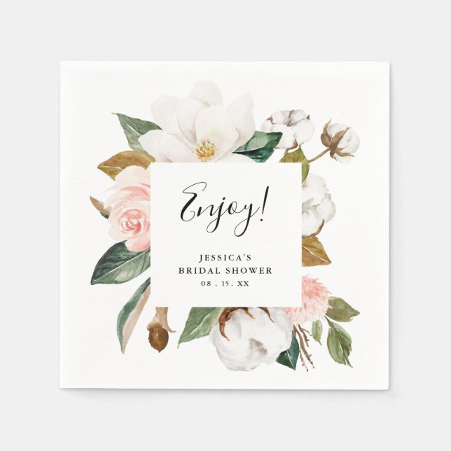 Watercolor Magnolias & Blush Bridal Shower Napkins (Front)