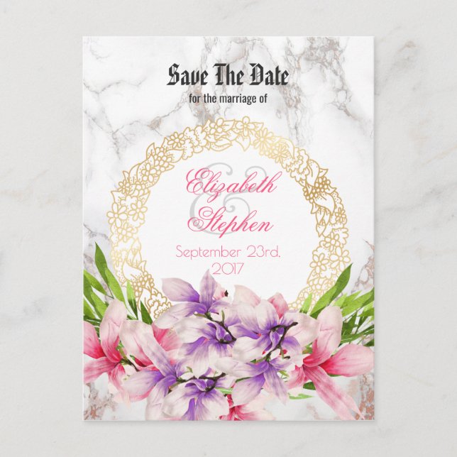 Watercolor Magnolias, Faux Marble Save the Date Announcement Postcard (Front)