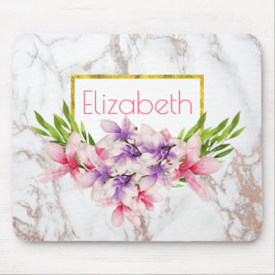 Watercolor Magnolias, Faux Marble Texture Custom Mouse Mat