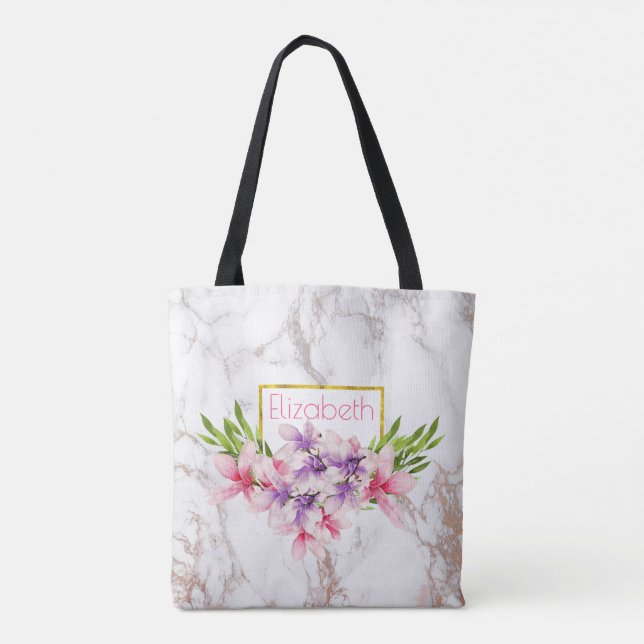 Watercolor Magnolias, Faux Marble Texture Custom Tote Bag (Back)