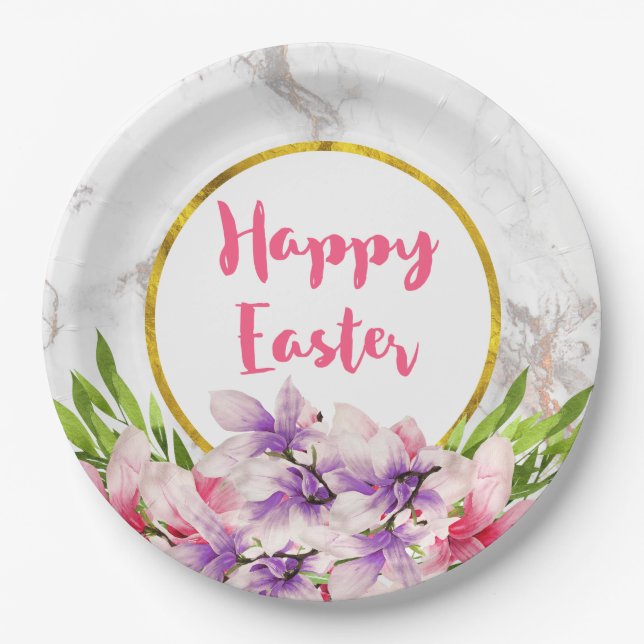 Watercolor Magnolias, Faux Marble Texture Easter Paper Plate (Front)