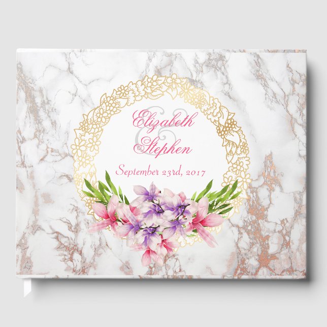 Watercolor Magnolias, Faux Marble Texture Wedding Guest Book (Front)
