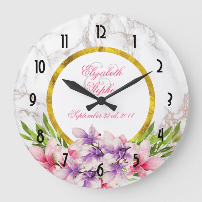 Watercolor Magnolias, Faux Marble Texture Wedding Large Clock (Front)