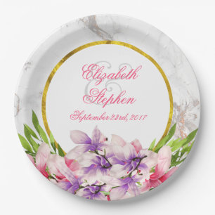 Watercolor Magnolias, Faux Marble Texture Wedding Paper Plate