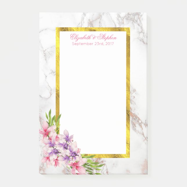 Watercolor Magnolias, Faux Marble Texture Wedding Post-it Notes (Front)